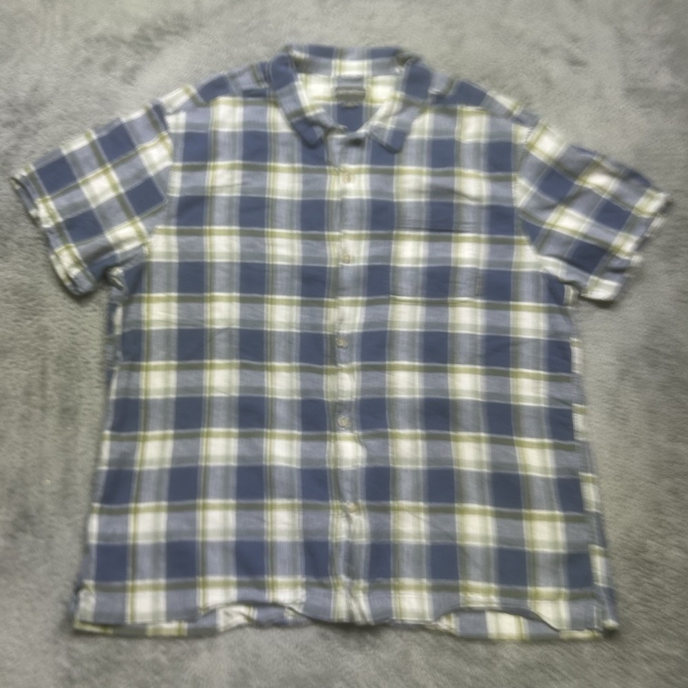 Eddie Bauer Shirt Men's XL Blue Green‎ Short Sleeve Linen Cotton Plaid Outdoors